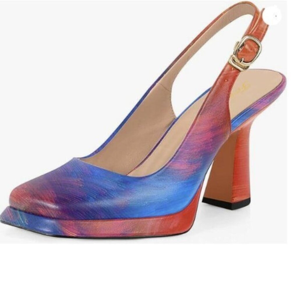 FOWT Women Platform Closed Square Toe Pumps Block High Heels Slingbacks Blue